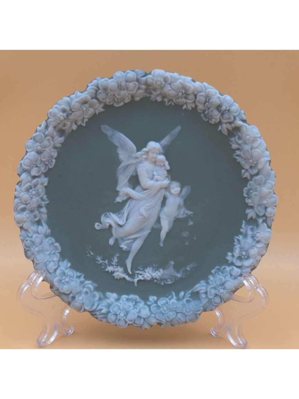 Schafer Vater Green Jasperware Guardian Angel Cherub Wall Plaque Mold 58